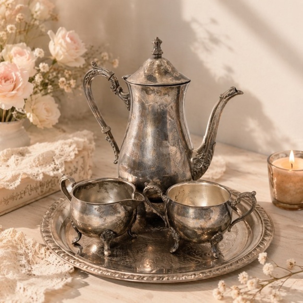 Vintage‎ Rogers Silverplate 4 Pc Coffee Tea Set Tray Footed Ornate Silver Plated